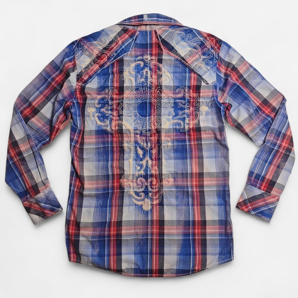 Roar Mens W51630 Valence Plaid Embroidered Cross Graphic Western Shirt SMALL